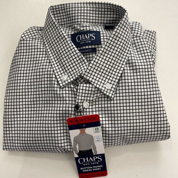 NEW Chaps Mens M Regular Fit Bamboo Stretch White & Black Checkered Button-Down - Picture 1 of 5